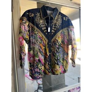 Vintage 1980's denim and sheer button down blouse size L